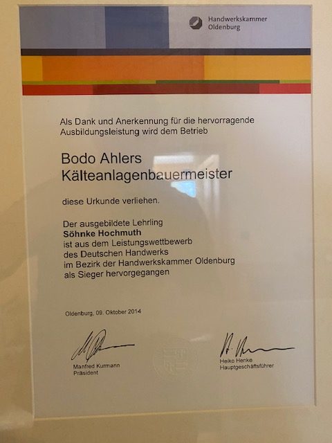 Urkunde Kaelteanlagenbauermeister Ausbildung 2014