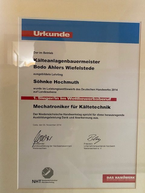 Urkunde Kaelteanlagenbauermeister Leistungswettbewerb 2014