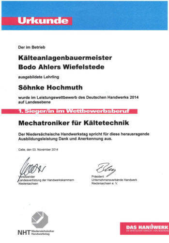 Urkunde Leistungsbewerb Mechatroniker fuer Kaeltetechnik 2014