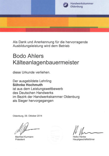 Urkunde Leistungswettbewerb Ausbildung Kaelteanlagenbauer Handwerkskammer Oldenburg